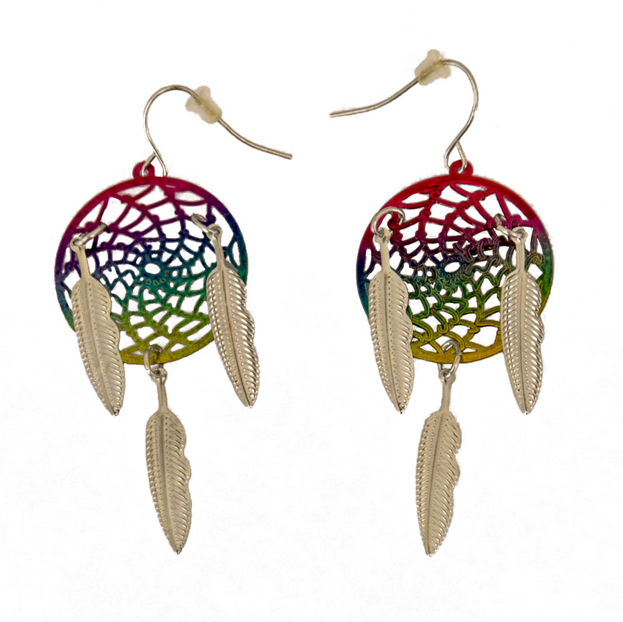 Multi Color Stainless Steel Dream Catcher Earrings with Silver Feather